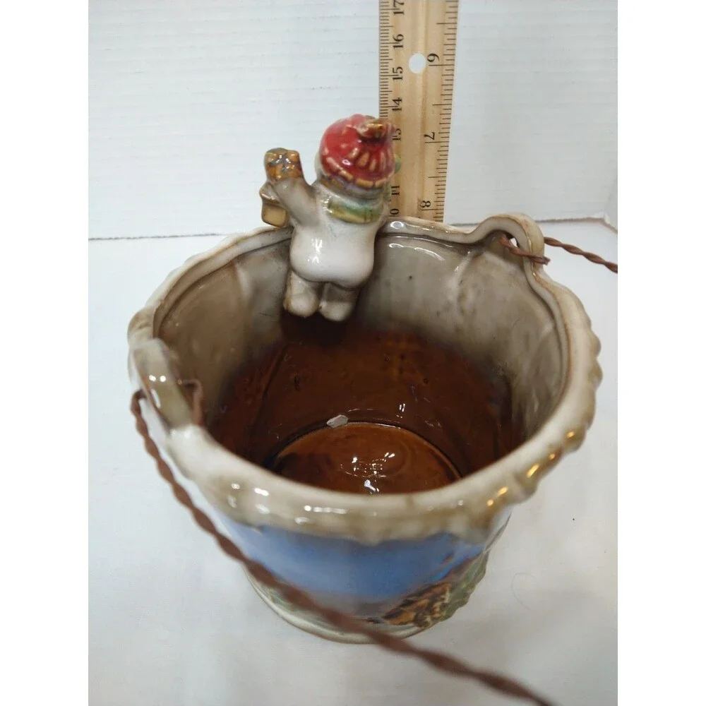 Small Snowman Ceramic Gift Bucket Wood Handle Winter Village Christmas Holiday